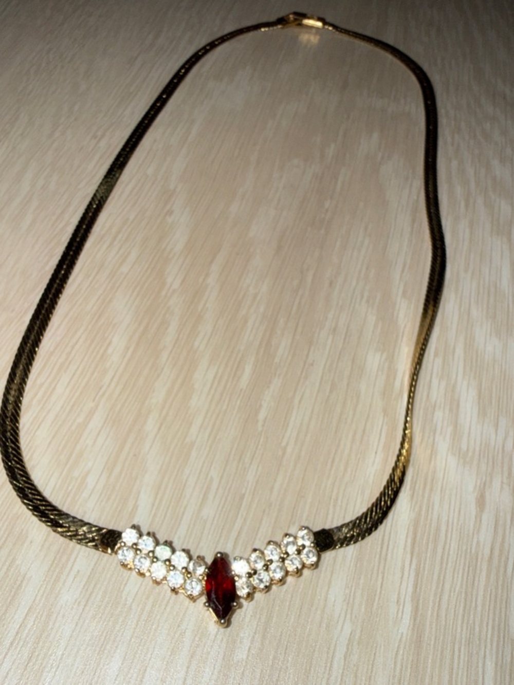 Vintage Korea Gold-Tone Necklace with Red Stone and Crystal Accents